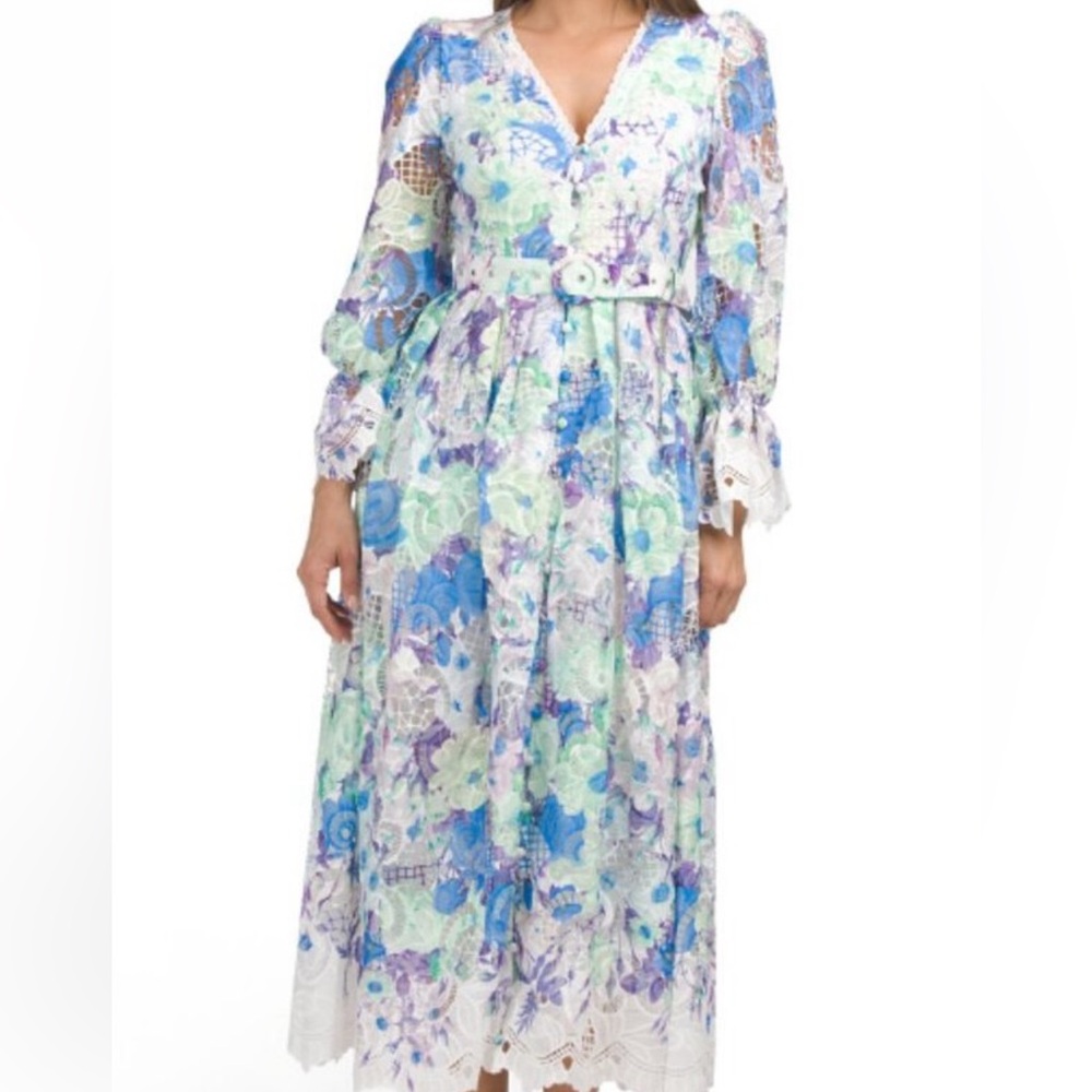 Dahlia Macphee Floral Long Sleeve Maxi Dress in Blue and Green